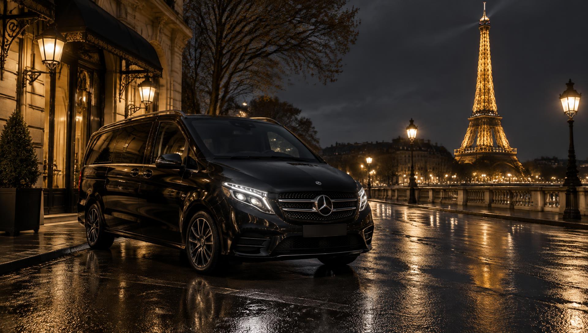 Véhicule de chauffeur privé sur une avenue parisienne de nuit, Tour Eiffel illuminée en arrière-plan